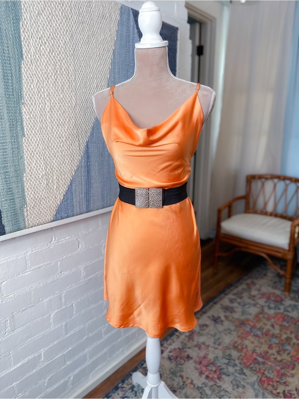 Lane201 Orange Satin-like Finish Slip Dress with Side Slit